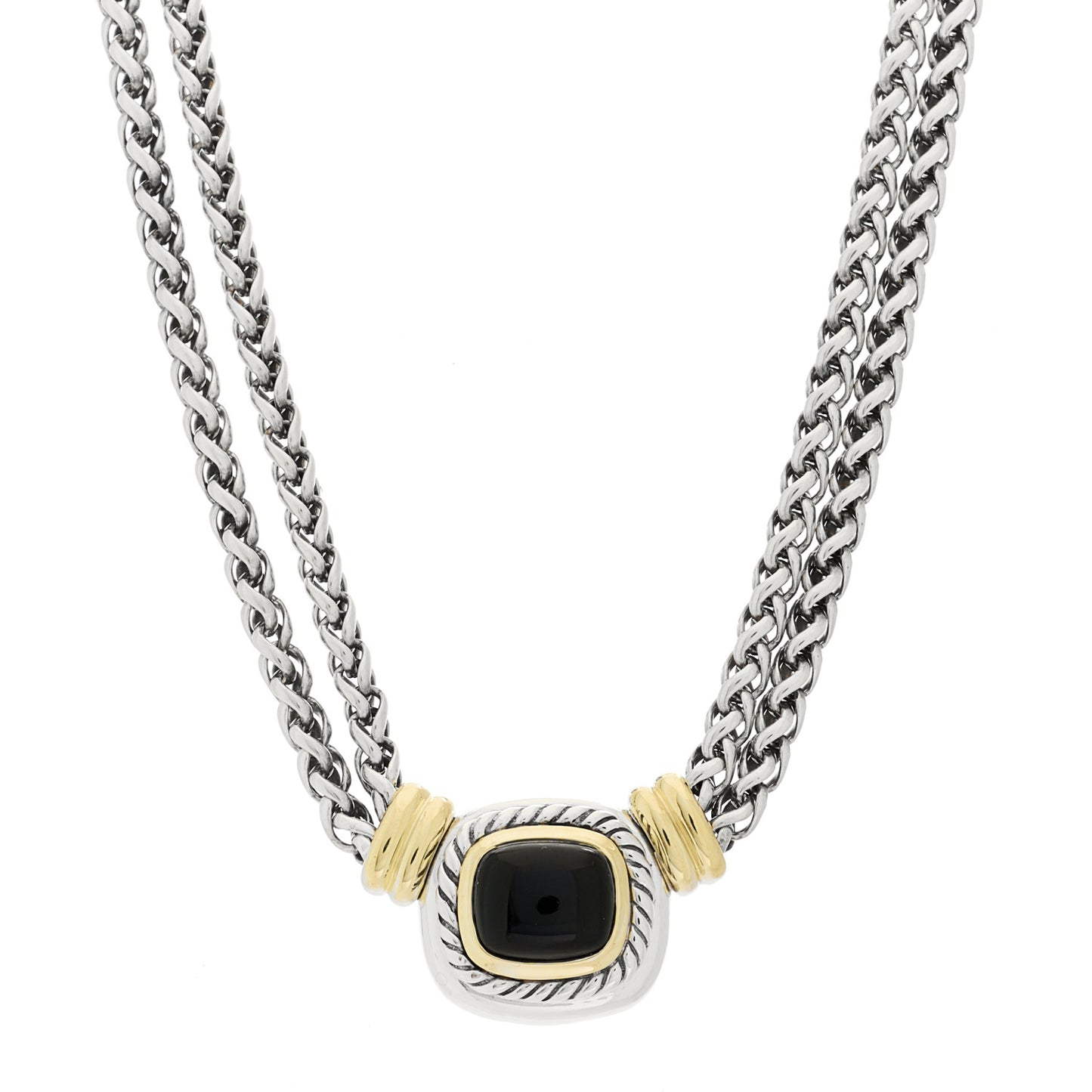 Sterling Silver 14K Yellow Gold Black Onyx Double Wheat Chain Necklace