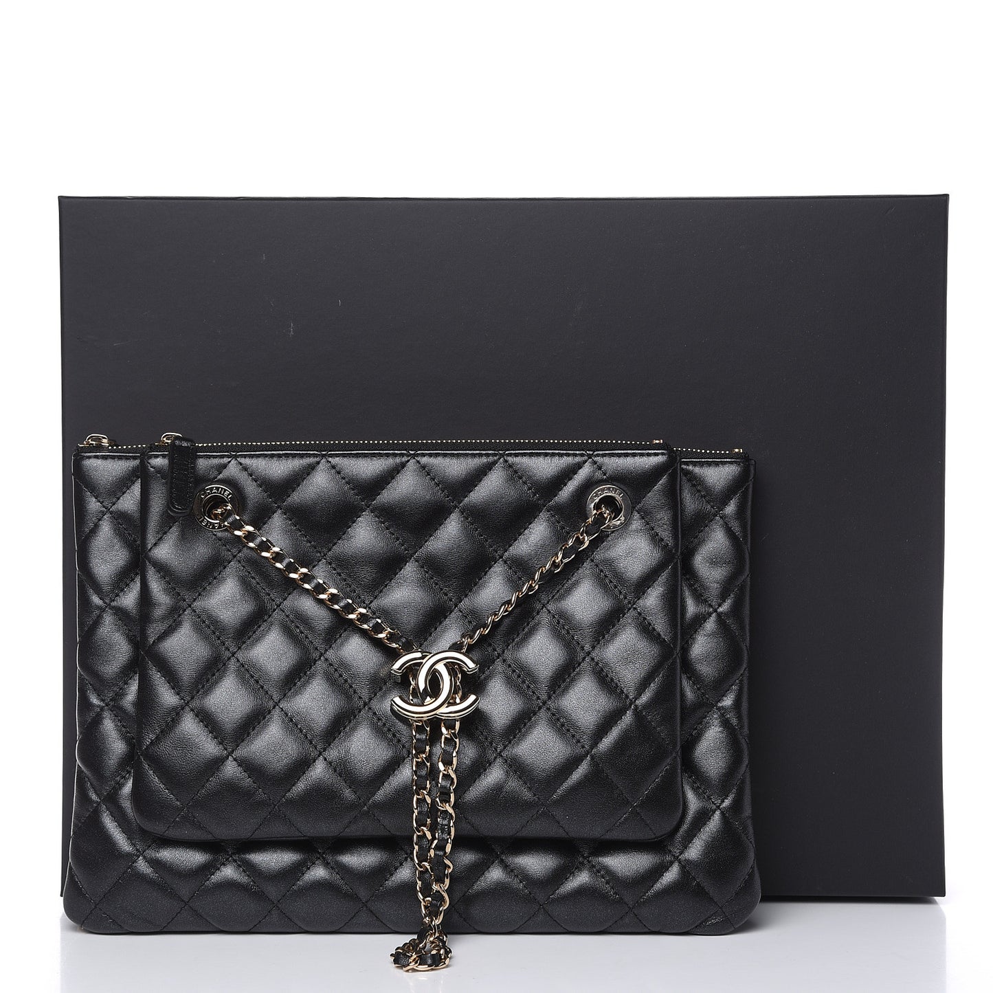 Shiny Lambskin Quilted Clutch With Chain Black