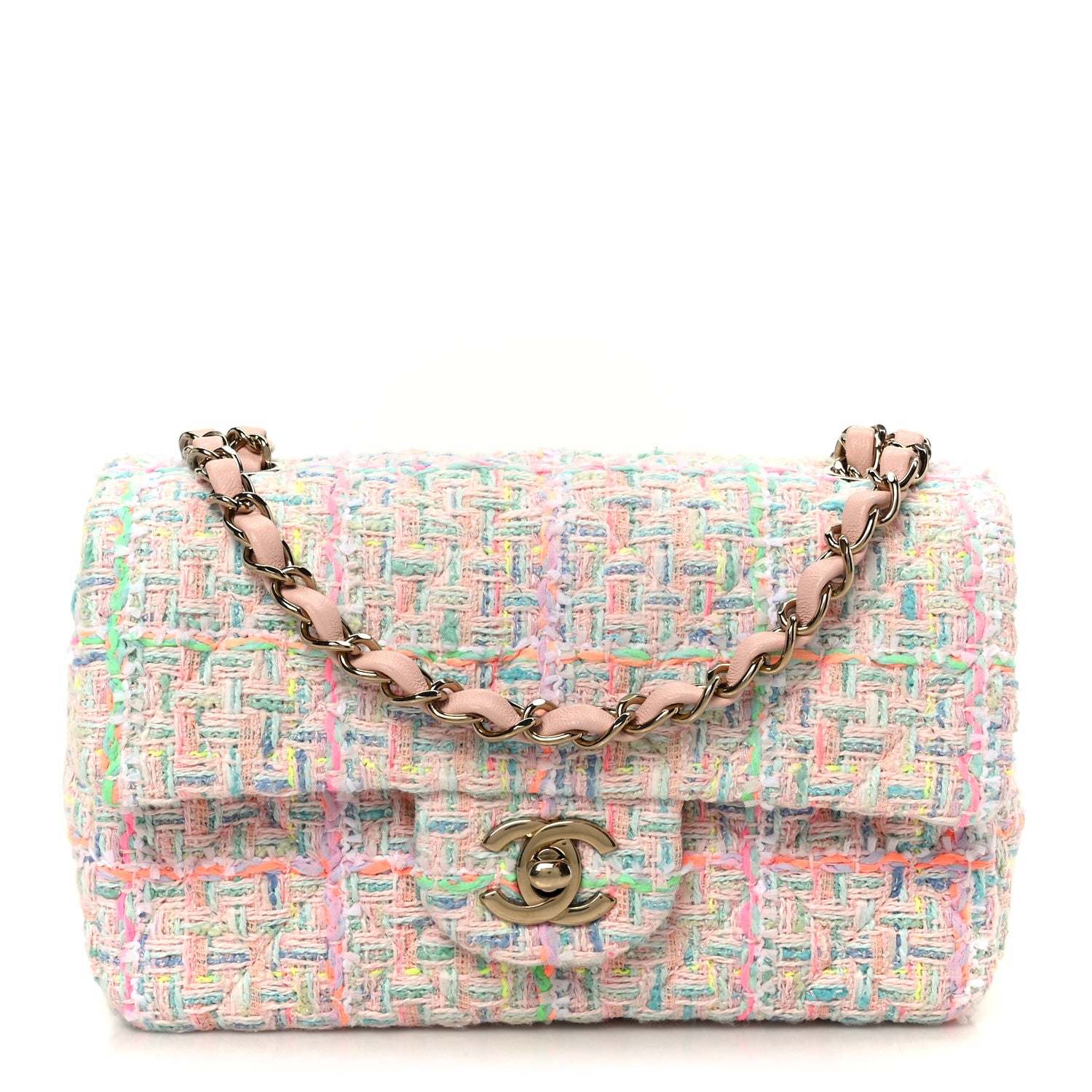 CHANELツイード パッチピン pink × green Chanel Tweed Quilted Mini Rectangular Flap Pink Green Orange
