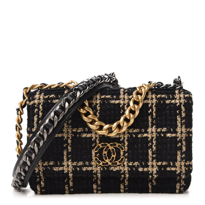 Chanel Tweed Quilted Chanel 19 Wallet On Chain WOC Black Beige 1 of 12