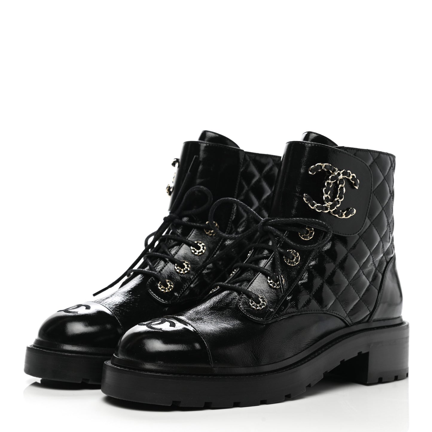 Shiny Lambskin Quilted Lace Up Combat Boots 40.5 Black