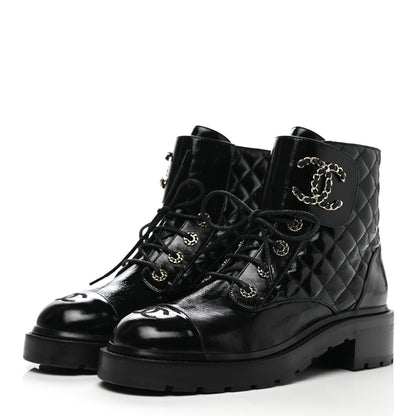 Chanel Shiny Lambskin Quilted Lace Up Combat Boots 40.5 Black 3 of 9