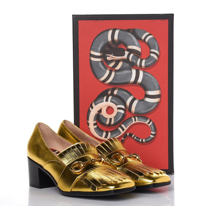 Gucci Metallic Nappa Silk Polly Kiltie Fringe 55mm Loafer Pumps 38.5 Oro Vecchio 11 of 11
