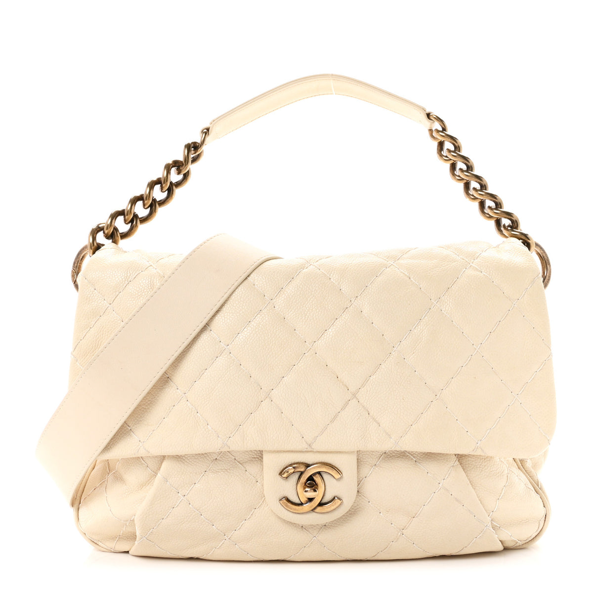 Crumpled Grained Calfskin Medium Coco Pleats Messenger Flap Dark White