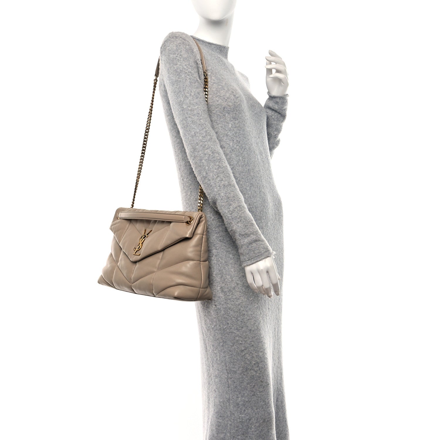 Saint Laurent Lambskin Quilted Medium Loulou Puffer Monogram Chain Satchel Dark Beige 2 of 12