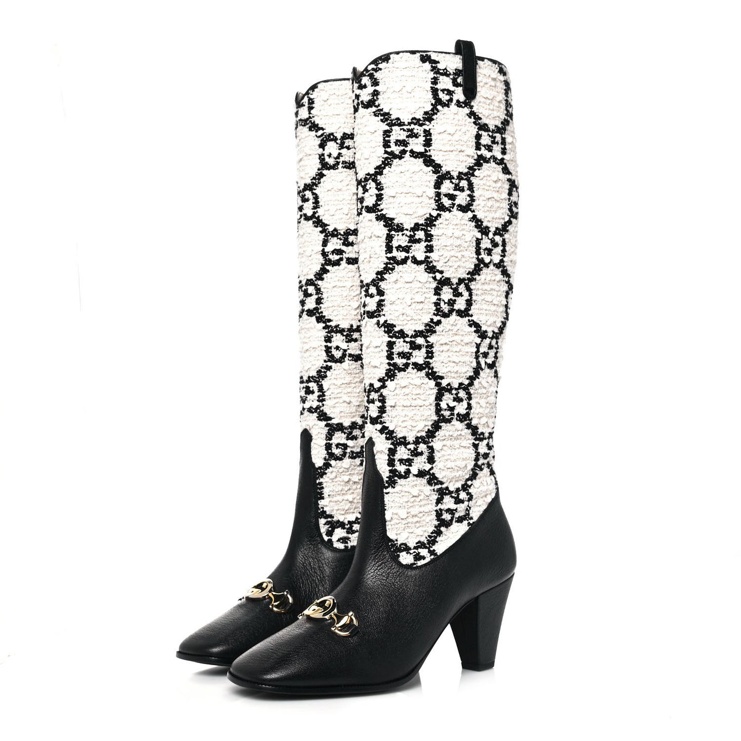 Tweed GG Monogram Wrinkled Kid Zumi Knee Boots 38 Natural Black