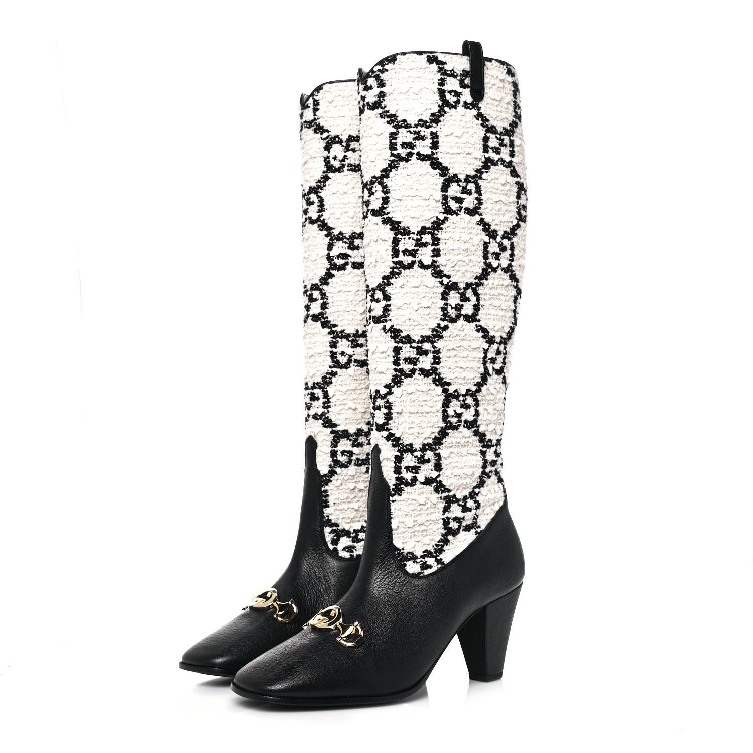 Gucci Tweed GG Monogram Wrinkled Kid Zumi Knee Boots 38 Natural Black 3 of 8