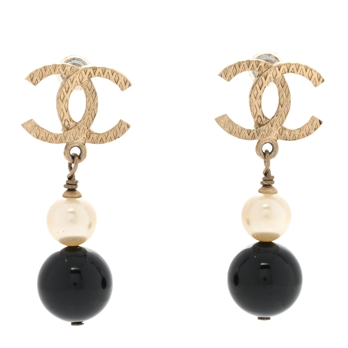 Pearl Bead CC Drop Earrings Black Gold