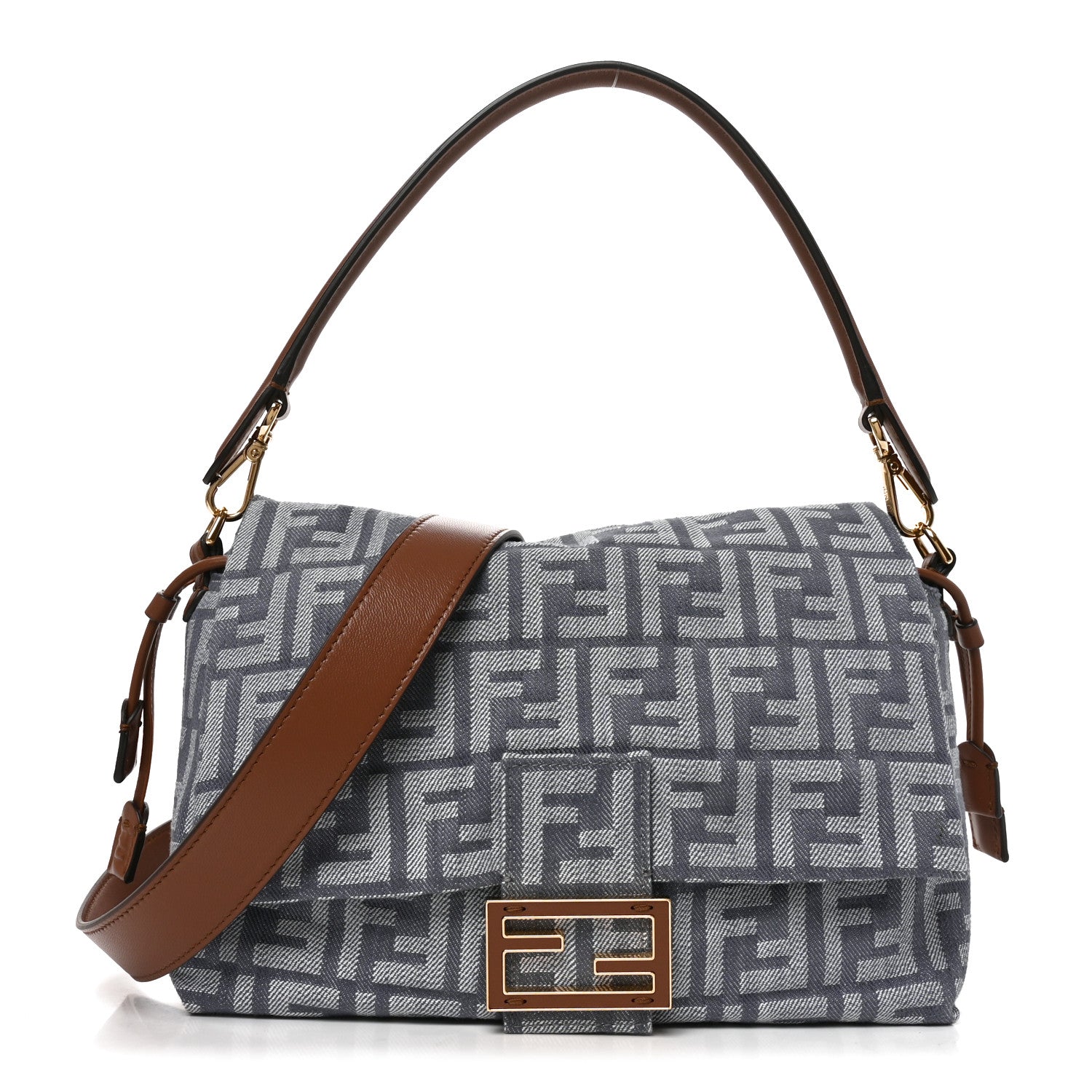 Fendi Denim Effect Fabric Jacquard FF Vitello Grace Medium Mamma Baguette Blue 1 of 9