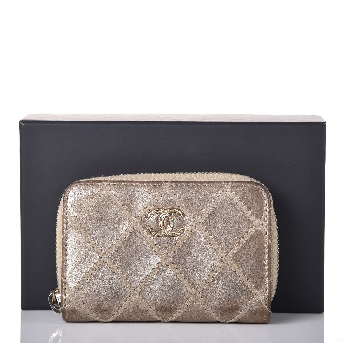 Metallic Lambskin Stitch Zip Coin Purse Gold