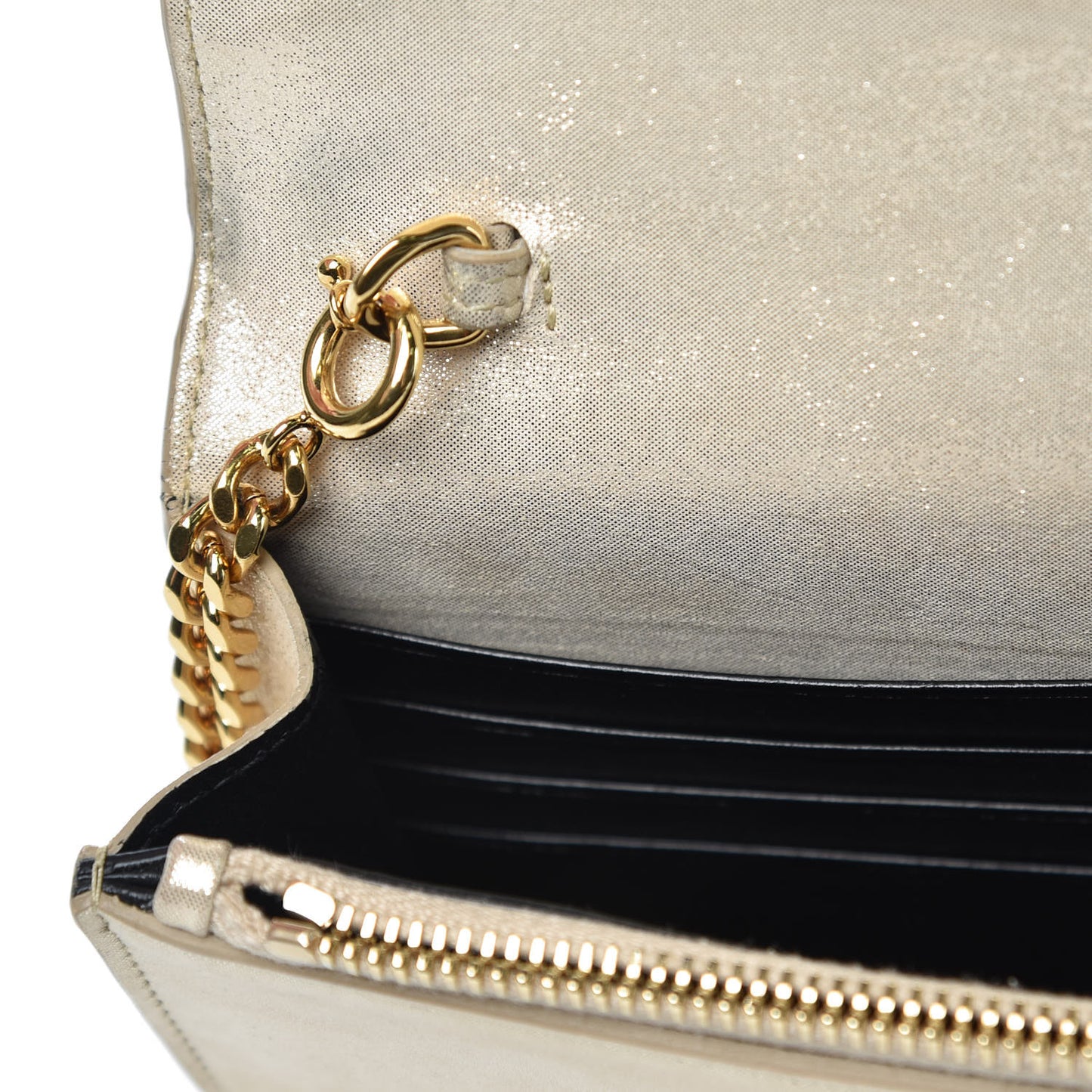 Metallic Fabric Monogram Envelope Chain Wallet Light Gold