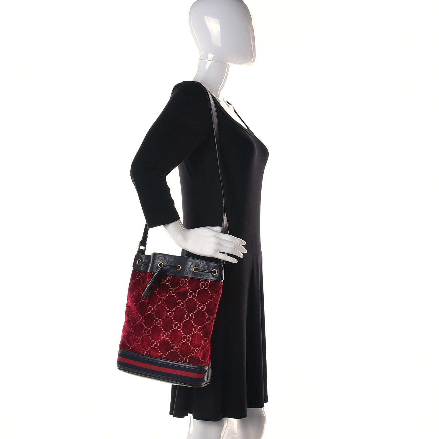 Gucci Velvet GG Monogram Textured Calfskin Web Bucket Bag Red Cipria Black 2 of 11