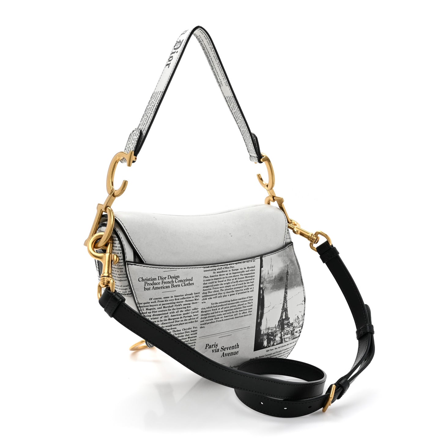 Calfskin Newspaper Printed Saddle Bag With Strap Black White