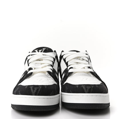 Louis Vuitton Calfskin Embossed Monogram Denim Womens LV Trainer Sneakers 38 Black 3 of 10