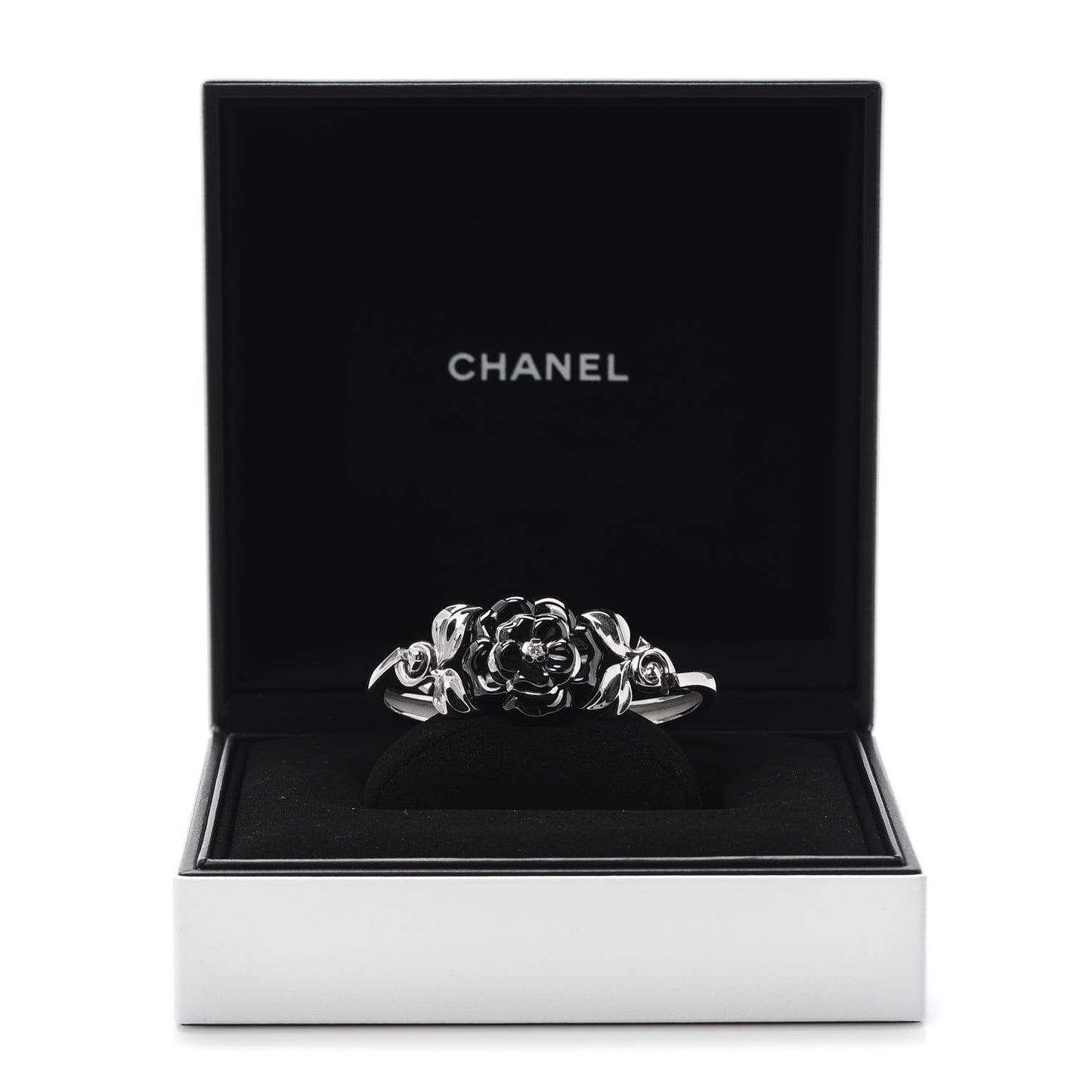 18K White Gold Black Ceramic Diamond Camelia Bangle Bracelet