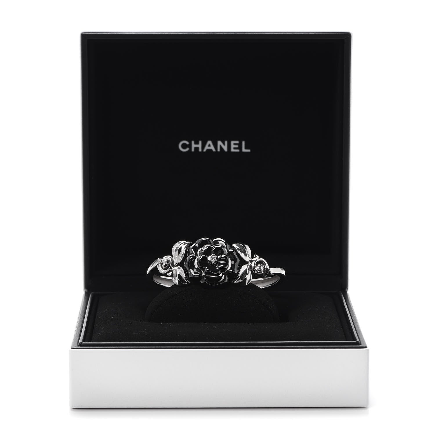 Chanel 18K White Gold Black Ceramic Diamond Camelia Bangle Bracelet 7 of 7