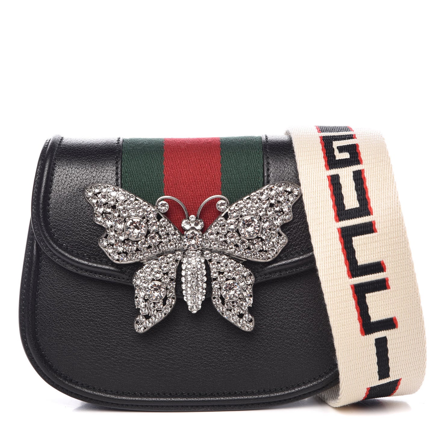 Calfskin Web Crystal Butterfly Stripe Small Totem Shoulder Bag Black