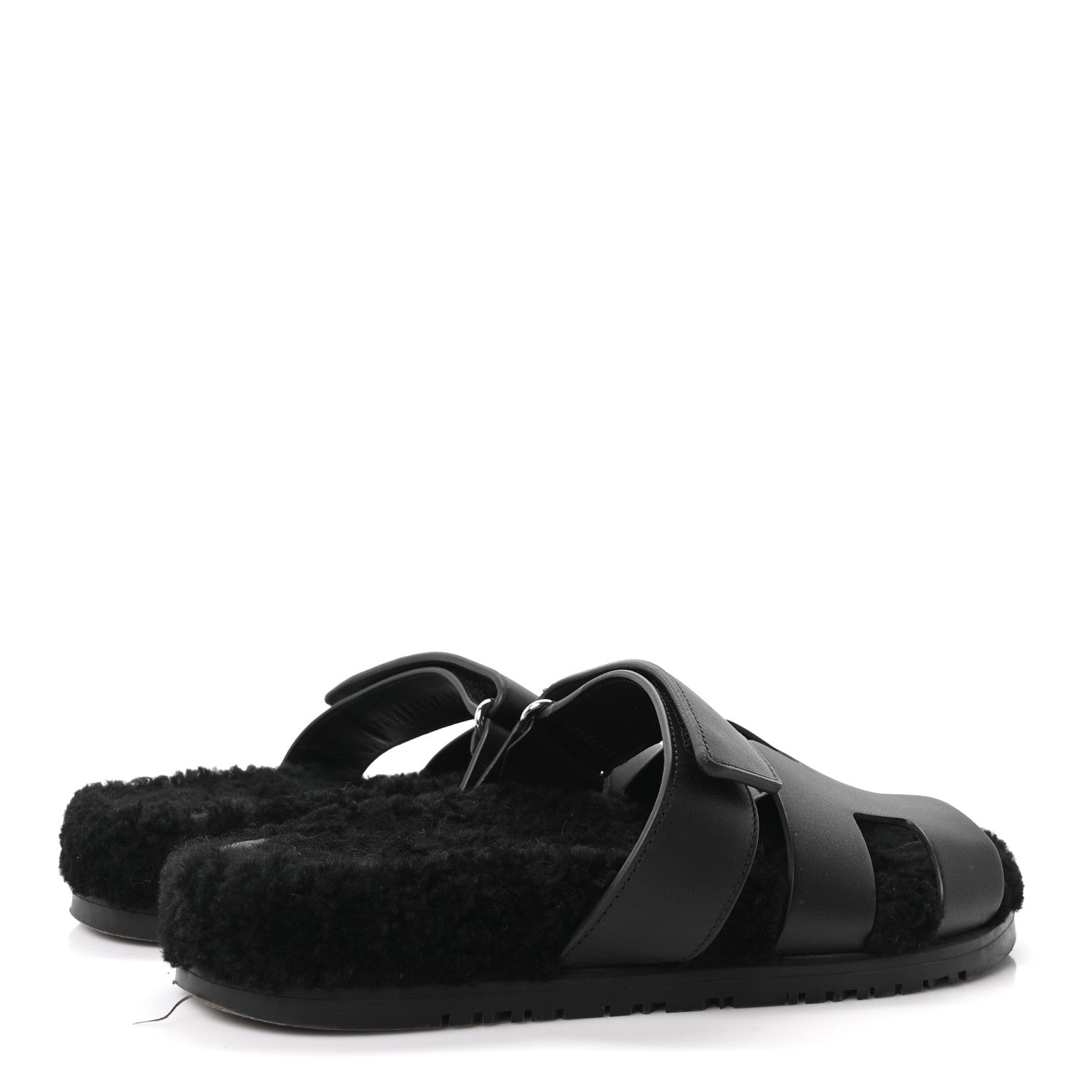 Hermes Calfskin Woolskin Womens Chypre Sandals 39 Black 5 of 10