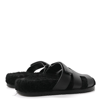 Hermes Calfskin Woolskin Womens Chypre Sandals 39 Black 5 of 10