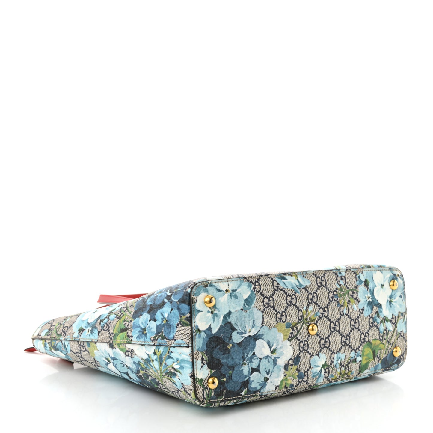 GG Supreme Monogram Blooms Medium Zippered Bucket Tote Beige Blue Navy Hibiscus Red