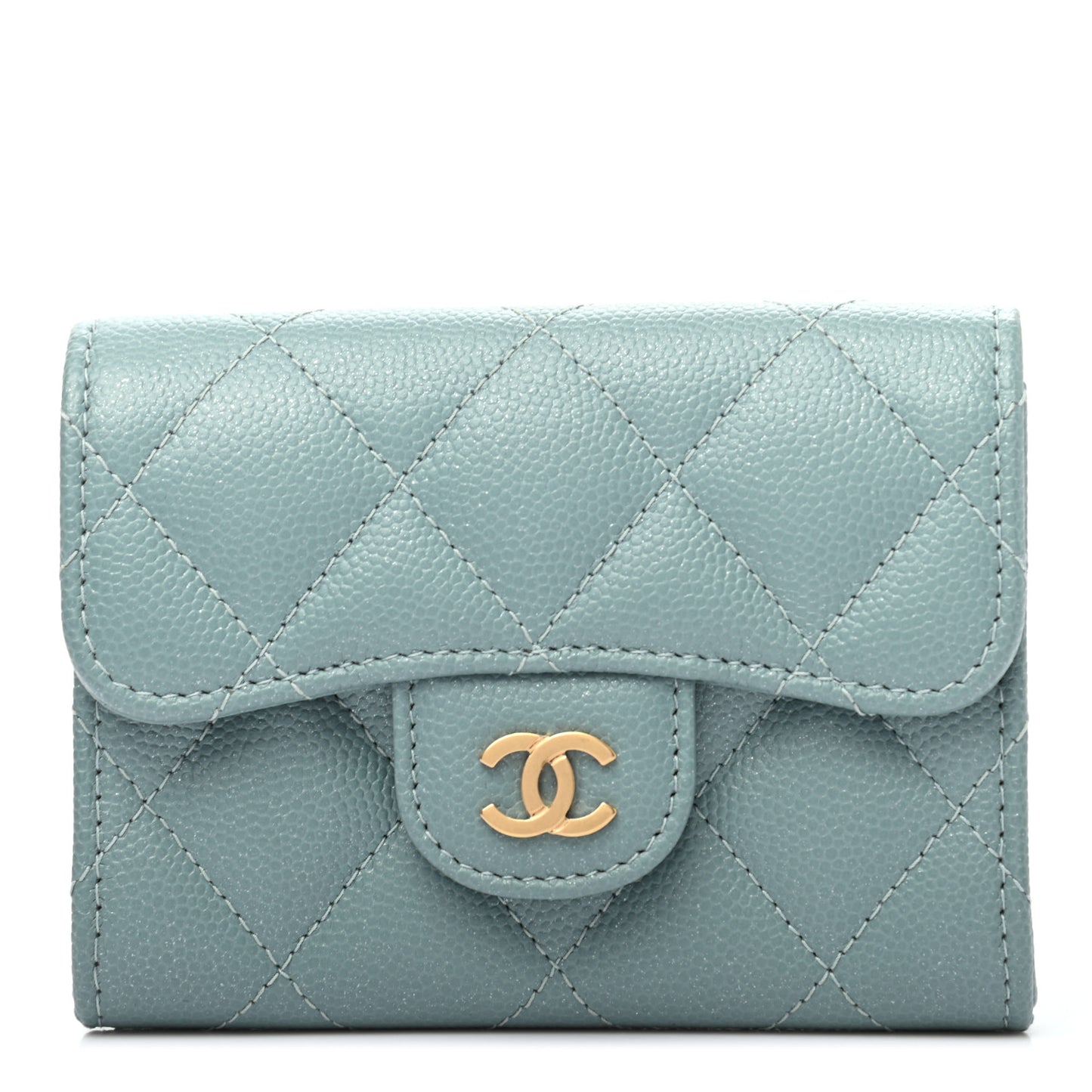 Iridescent Caviar Quilted Flap Card Holder Wallet Light Blue