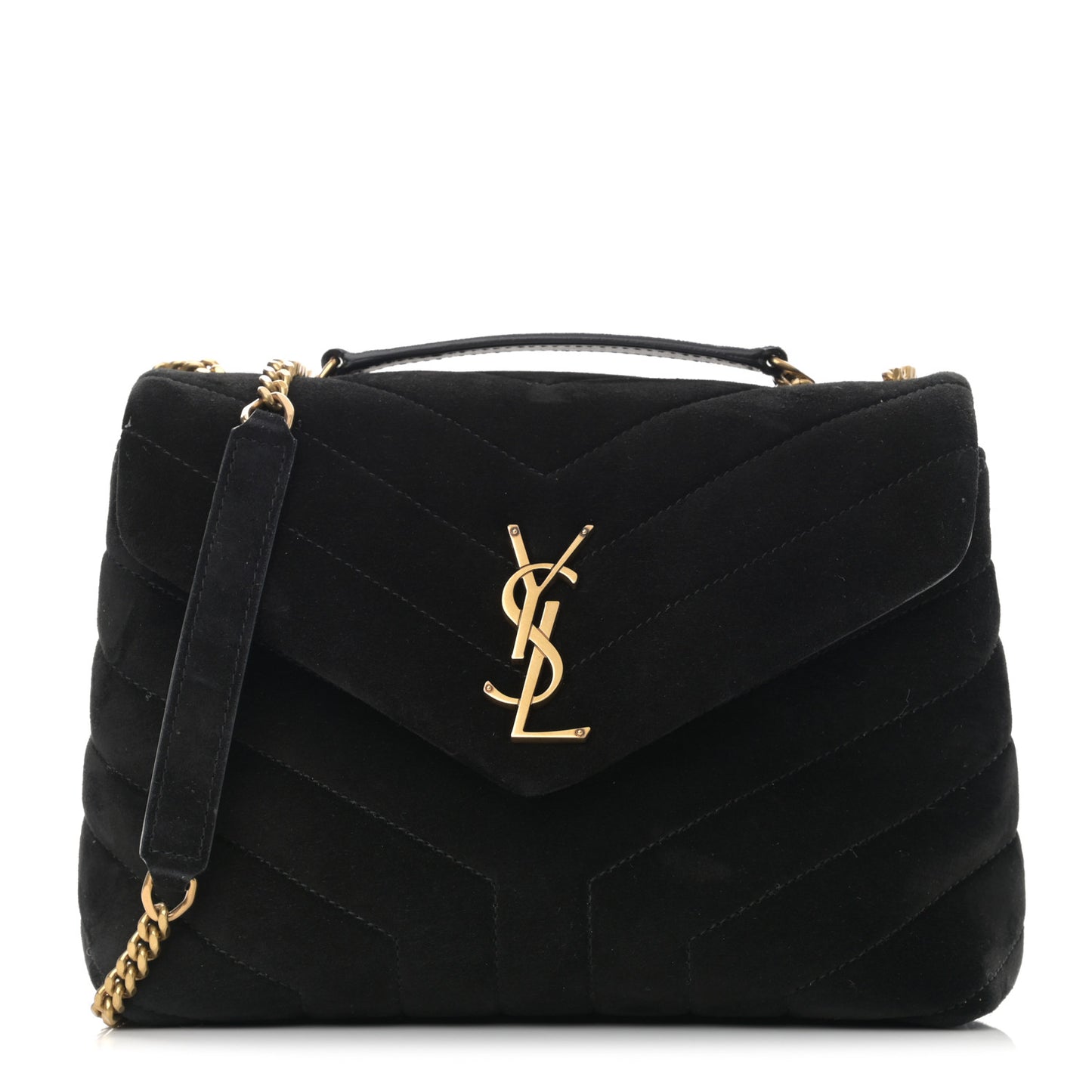 Suede Calfskin Y Quilted Monogram Small Loulou Chain Satchel Black