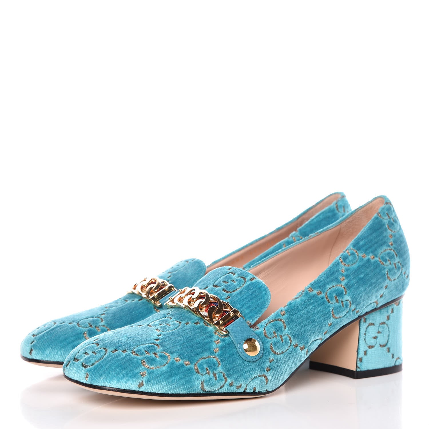 Gucci Velvet GG Monogram Sylvie Web Chain Mid Heel Loafers 40.5 Turchese Beige 3 of 10