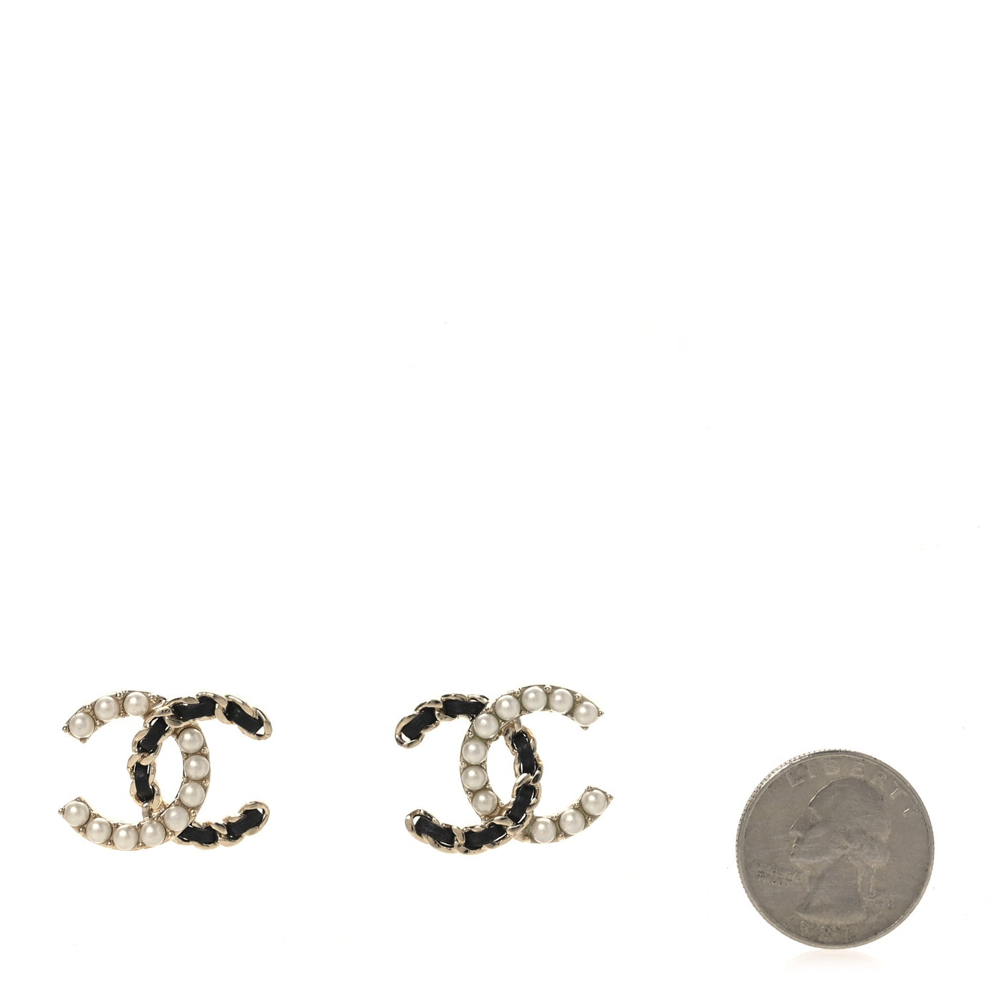Pearl Lambskin Chain CC Stud Earrings Gold Black
