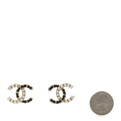 Chanel Pearl Lambskin Chain CC Stud Earrings Gold Black 2 of 4