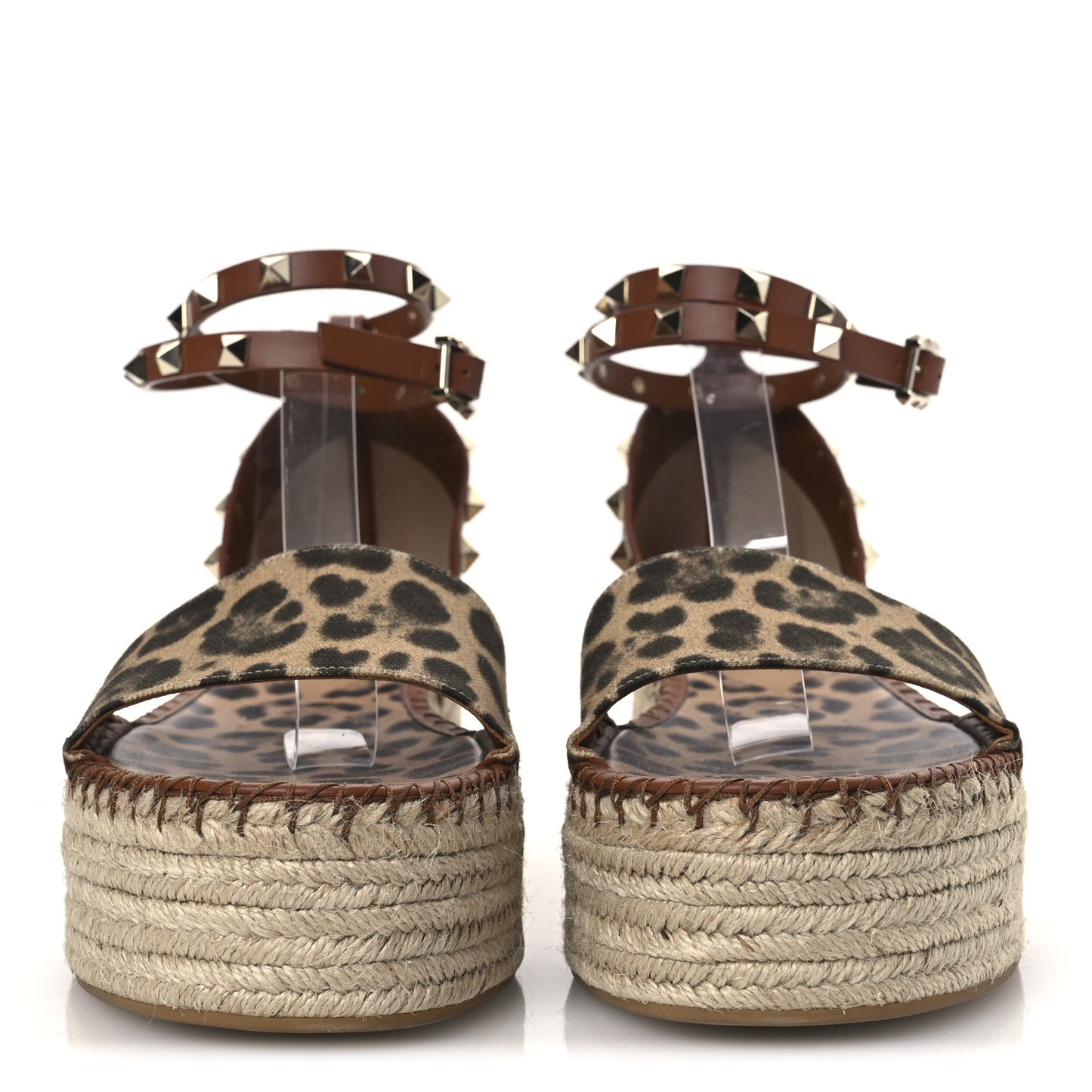 Canvas Leopard Print Rockstud Ankle Wrap Espadrille Flatform Sandals 41 Brown