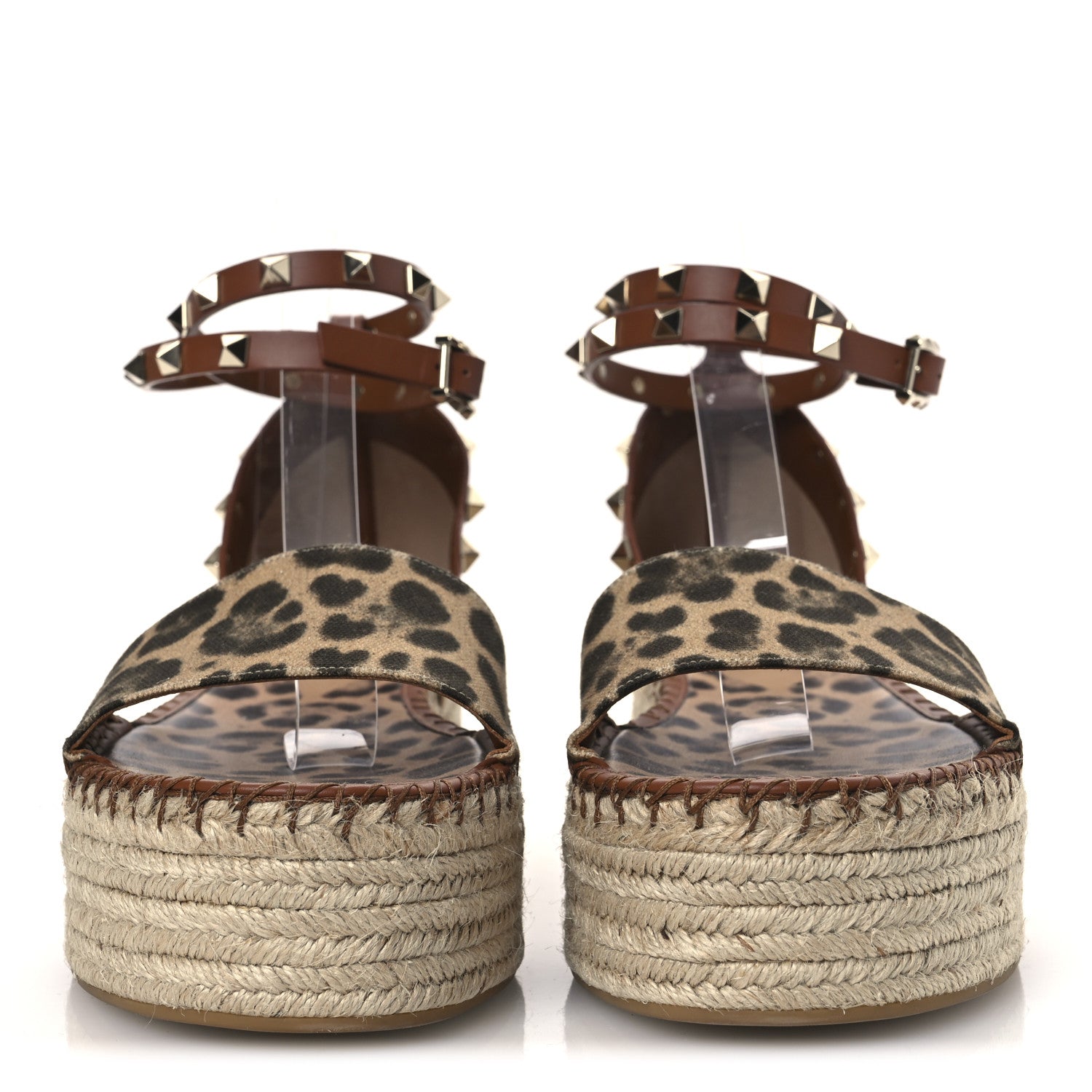Valentino Garavani Canvas Leopard Print Rockstud Ankle Wrap Espadrille Flatform Sandals 41 Brown 3 of 13