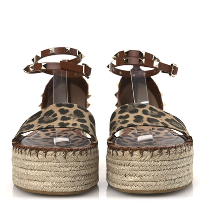 Valentino Garavani Canvas Leopard Print Rockstud Ankle Wrap Espadrille Flatform Sandals 41 Brown 3 of 13