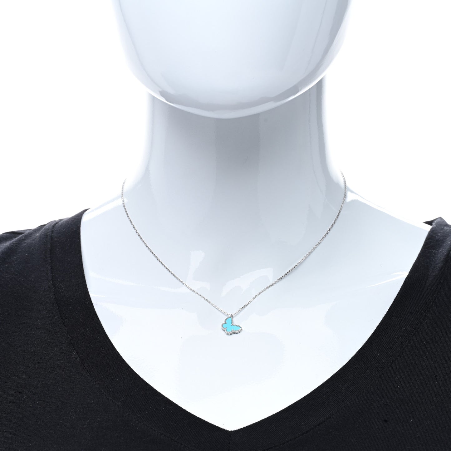 18K White Gold Turquoise Sweet Alhambra Butterfly Pendant Necklace