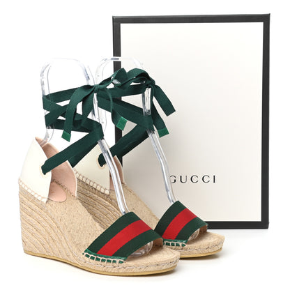Gucci Canvas Malaga Kid Web Ankle Wrap Espadrille Wedge Sandals 40 Green Red Mystic White Emerald 11 of 11