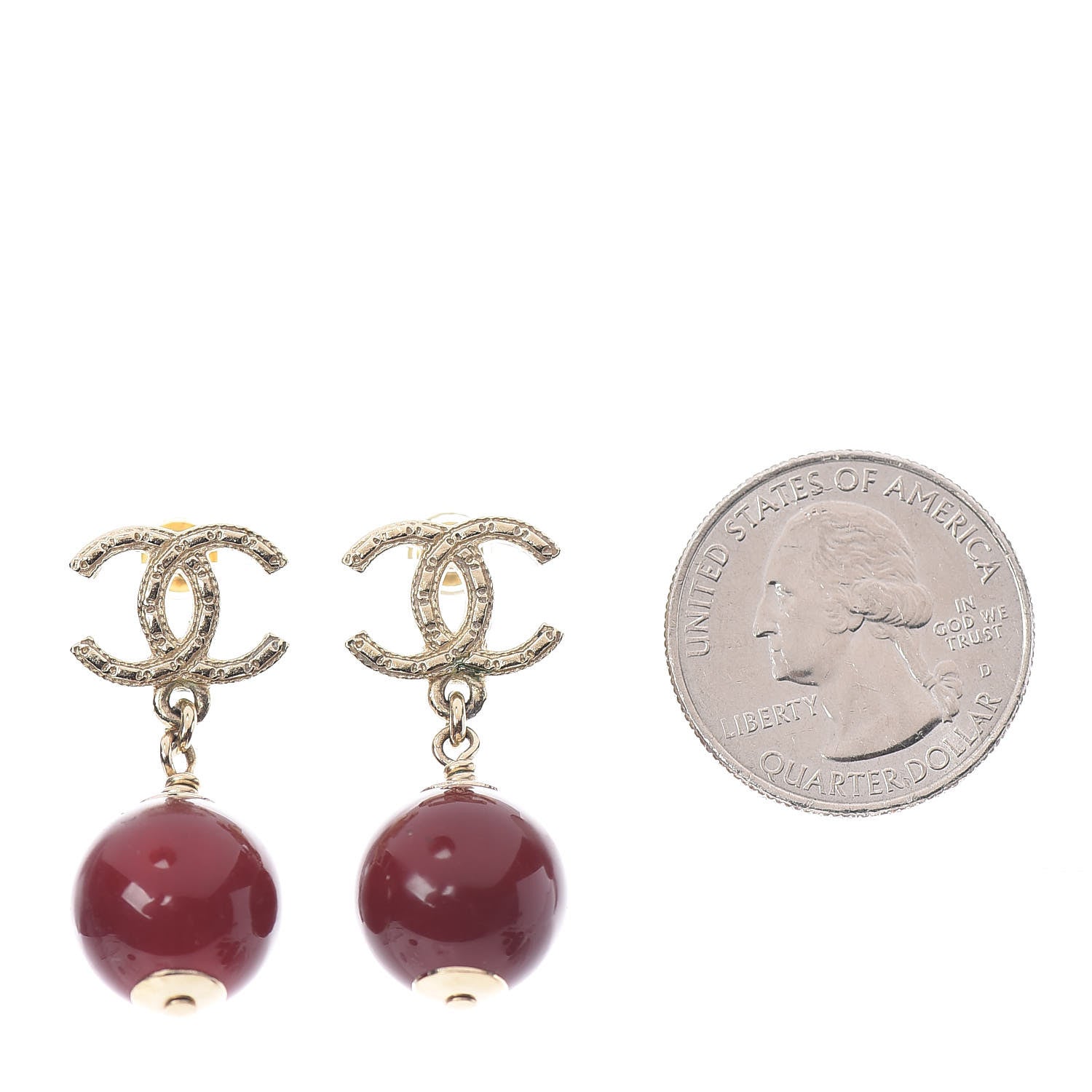 Chanel CC Bead Drop Earrings Gold Red 2 of 4