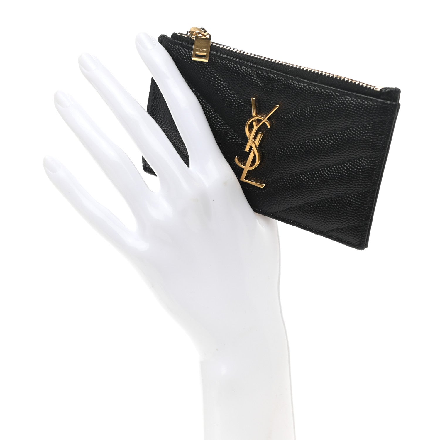Saint Laurent Grain De Poudre Matelasse Chevron Cassandre Fragments Zippered Card Case Black 2 of 8
