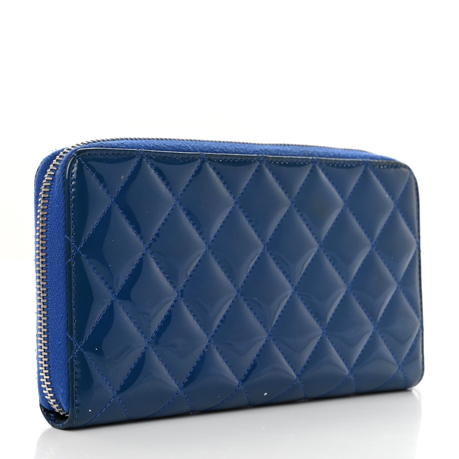 Chanel Patent Calfskin Quilted Large Gusset Zip Around Wallet Blue 3 of 10