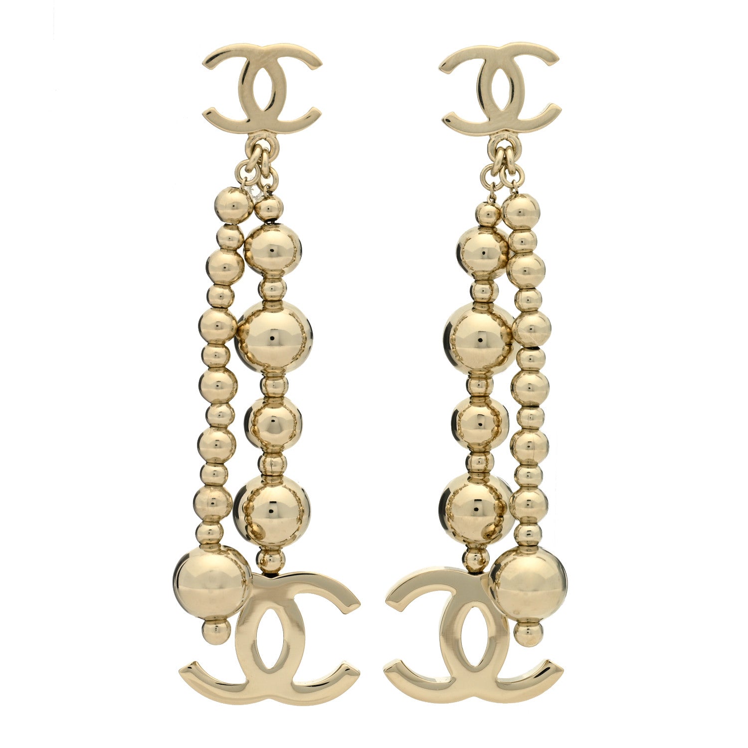 Chanel Metal CC Bead Drop Earrings Gold 1 of 4
