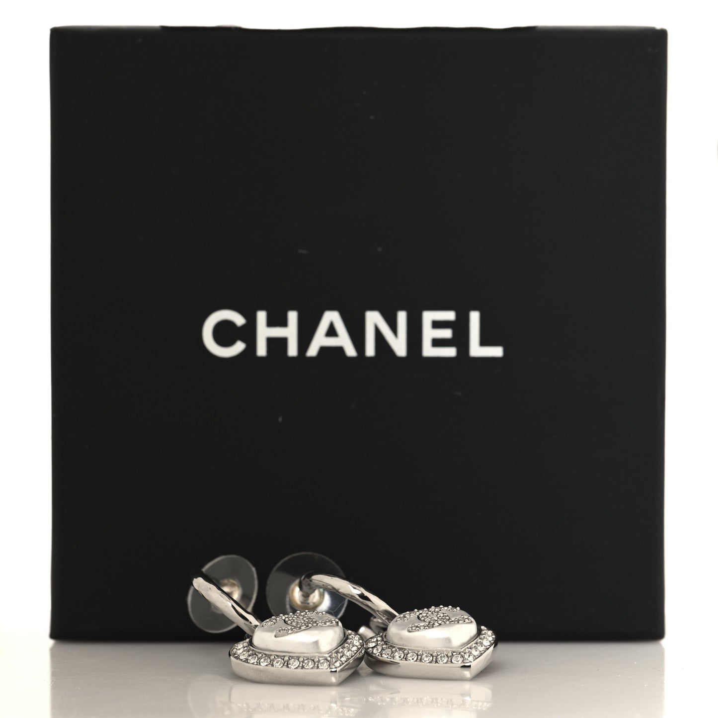 Pearl Crystal CC Heart Drop Earrings Silver