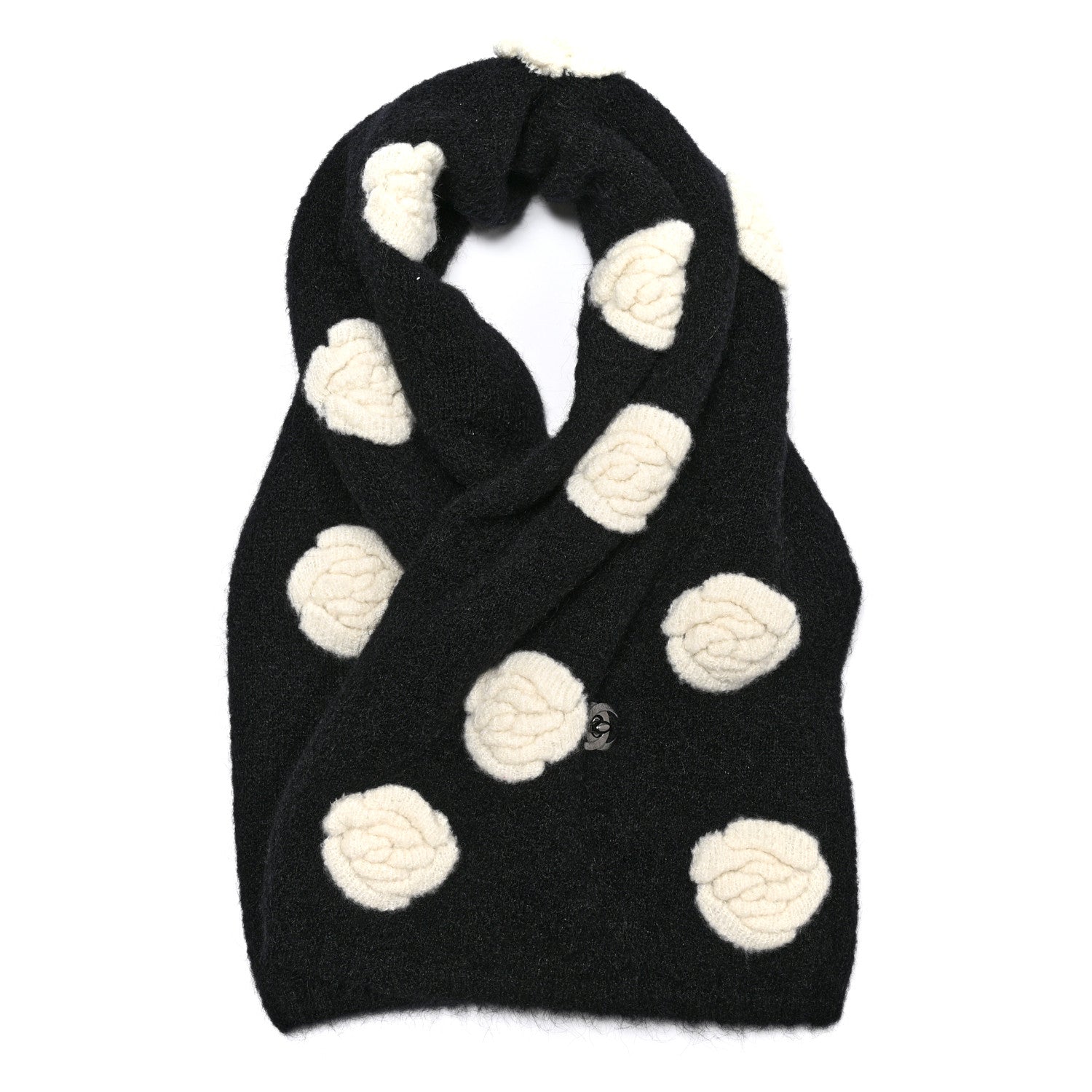 Chanel Mohair Wool Camellia CC Scarf Black White 1 of 5