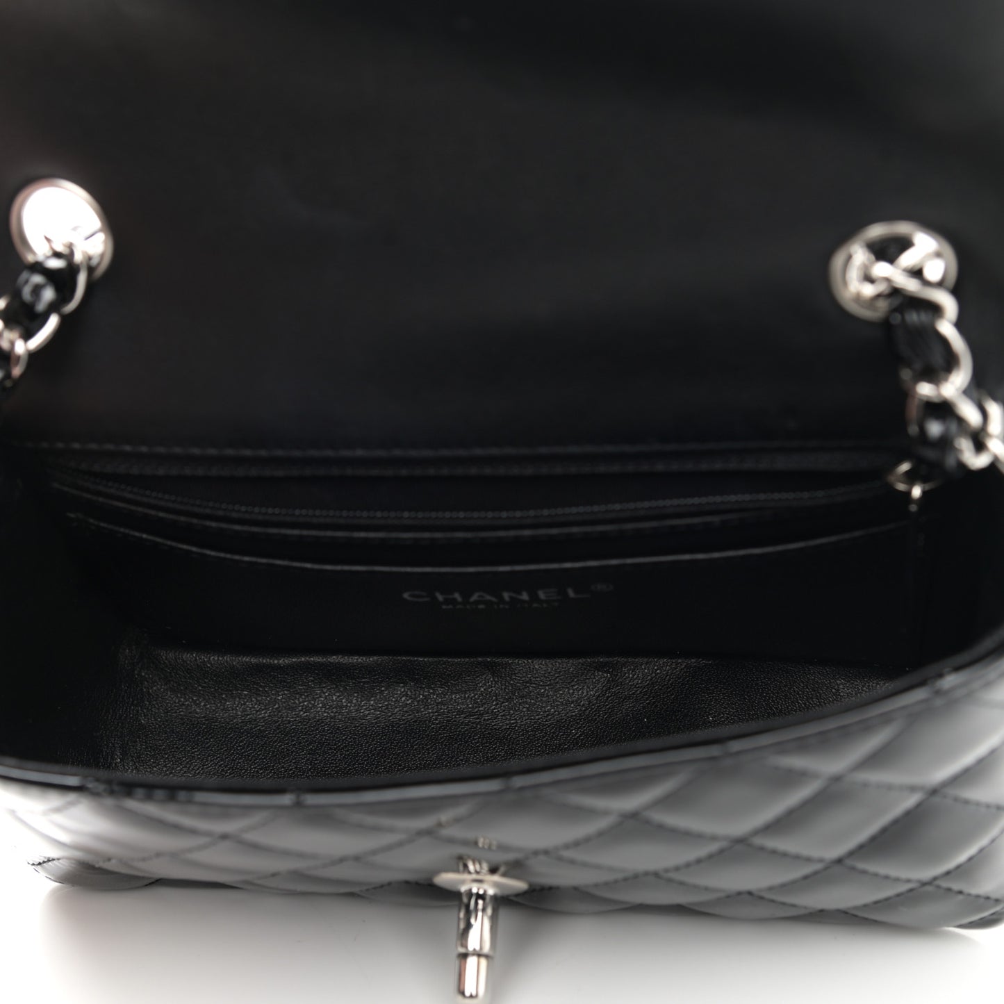 Patent Calfskin Quilted Mini Rectangular Flap Black