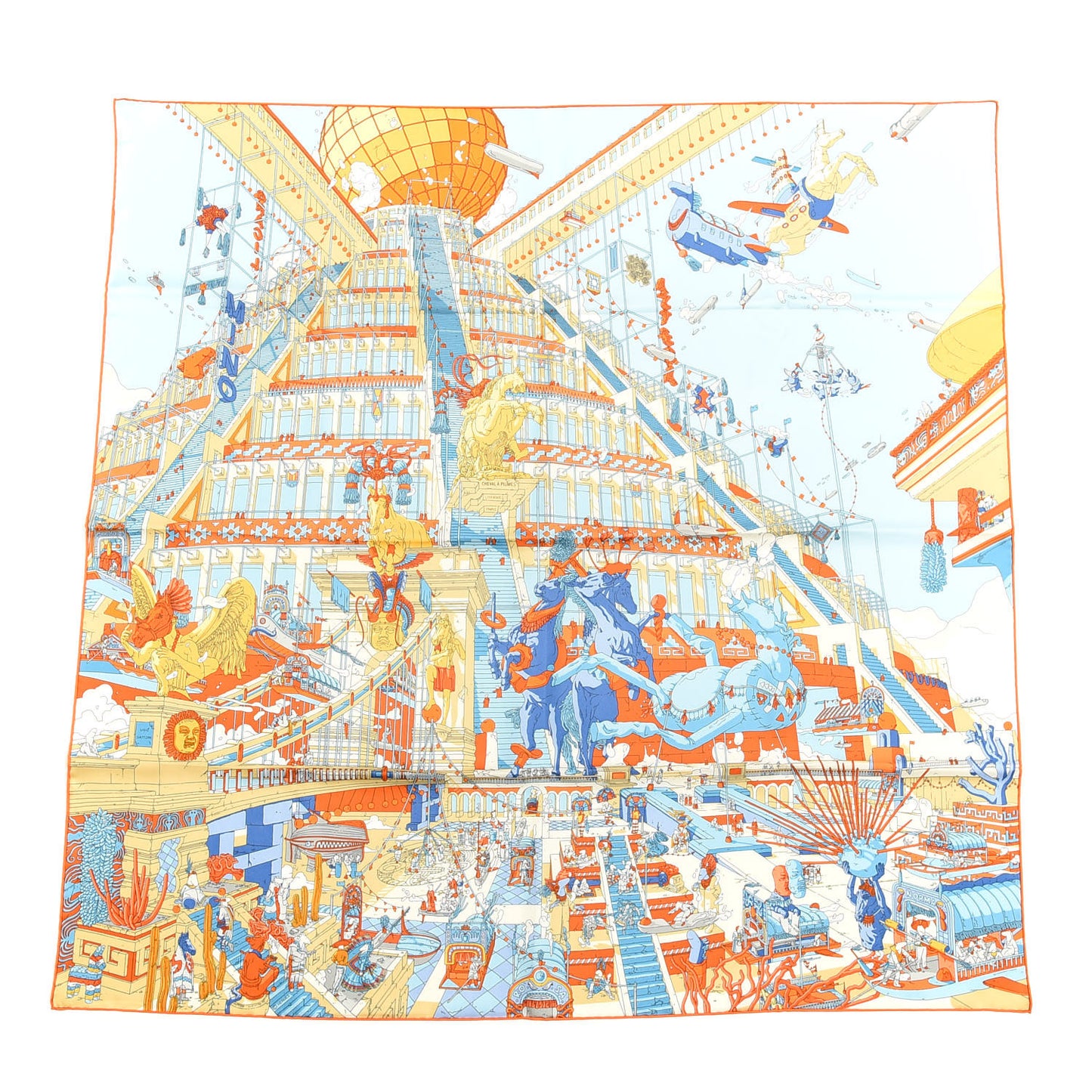 Silk La Legende Du Cheval Scarf 90 Orange Ciel Beige