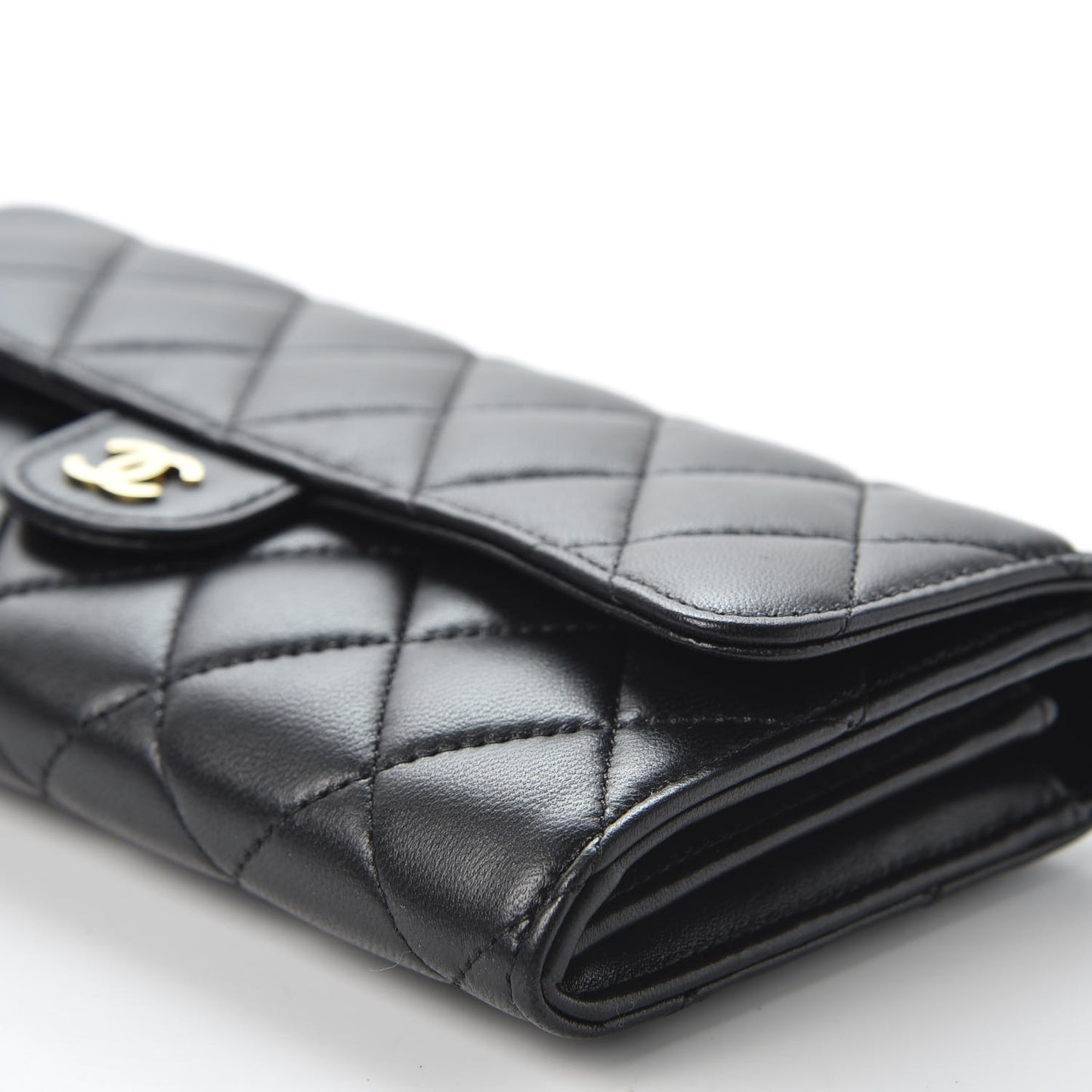 Lambskin Quilted Large Gusset Flap Wallet Black