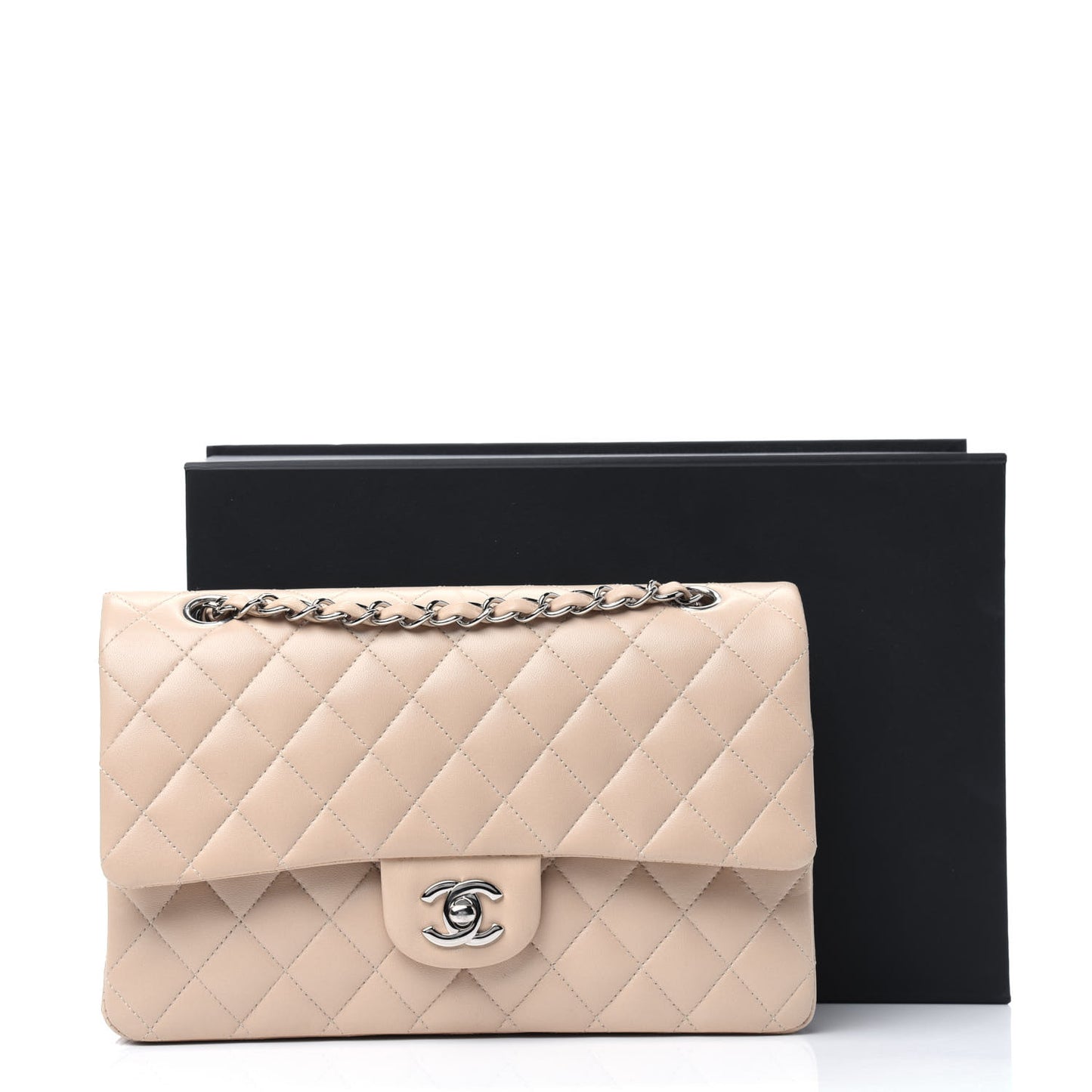 Lambskin Quilted Medium Double Flap Beige