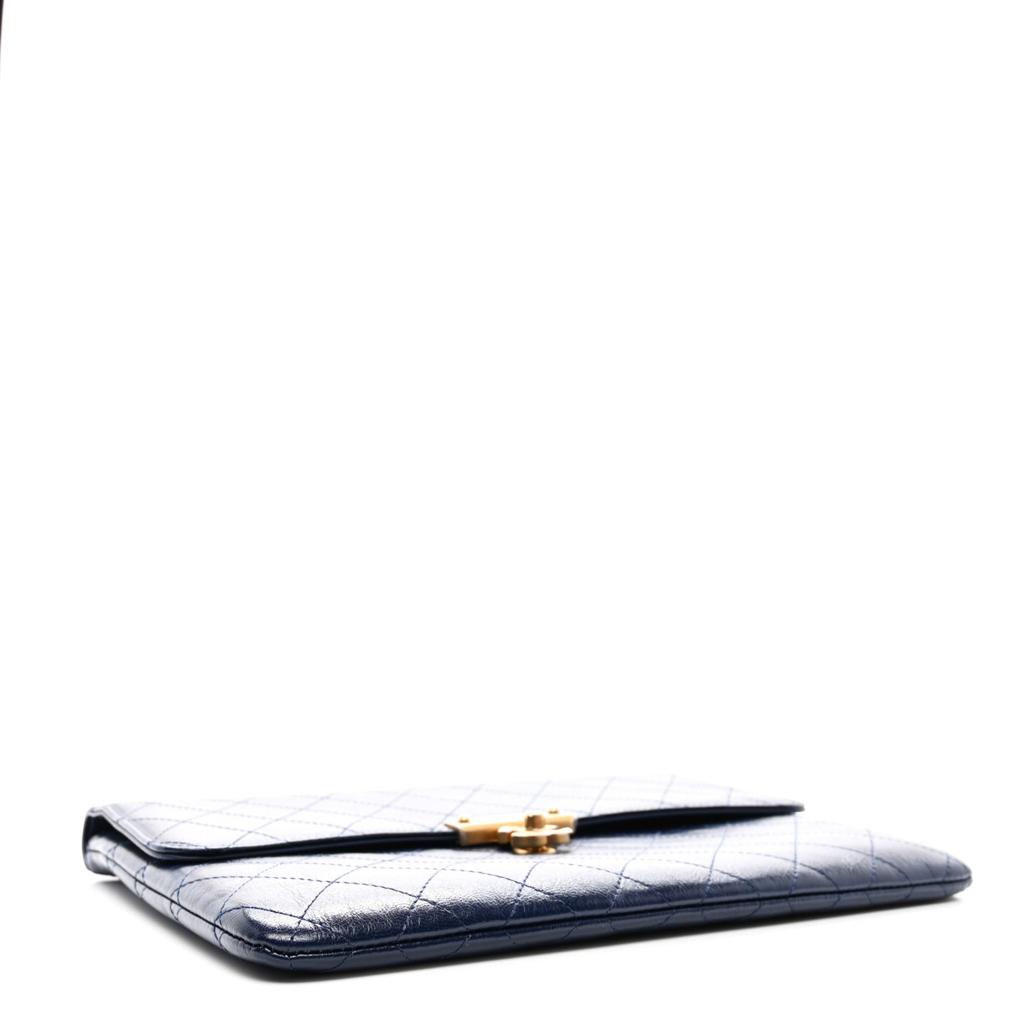 Goatskin Stitched Golden CC Flap Clutch Navy
