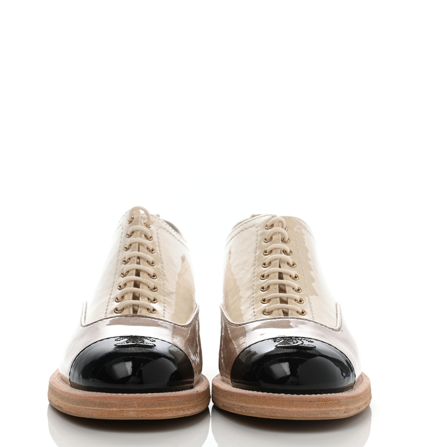Calfskin Fabric PVC Lace Up Loafers 40 Beige Black