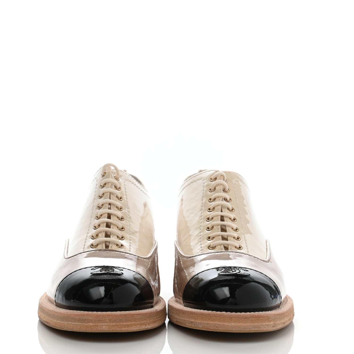 Chanel Calfskin Fabric PVC Lace Up Loafers 40 Beige Black 2 of 9