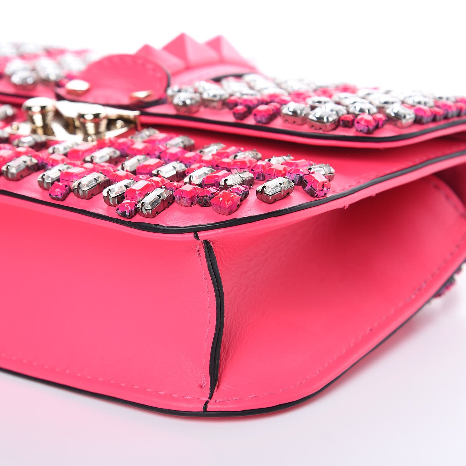 Valentino Garavani Vitello Crystal Small Glam Lock Rockstud Flap Fuxia Fluo 9 of 10