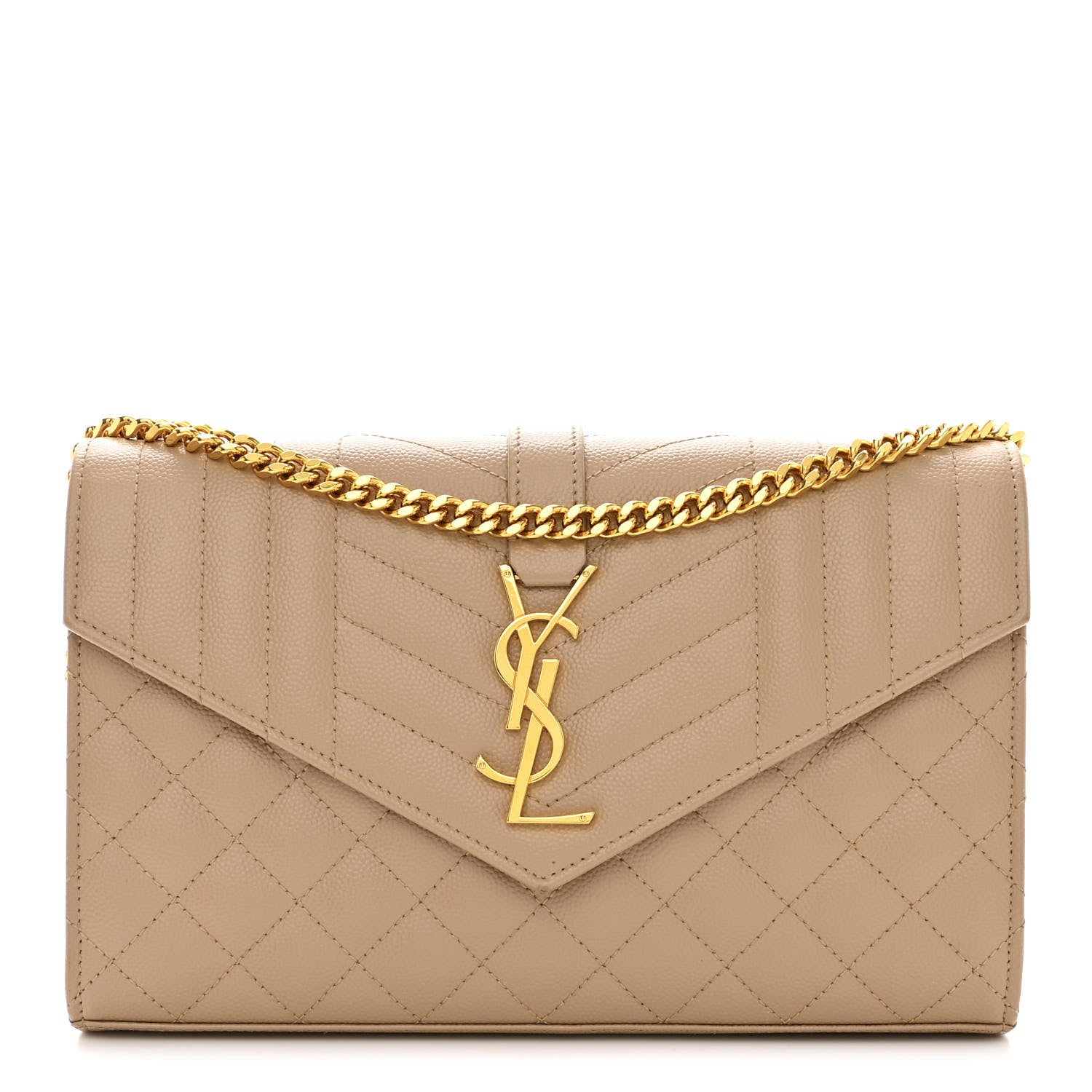 Saint Laurent Grain De Poudre Mixed Matelasse Triquilt Monogram Chain Wallet Dark Beige 1 of 9