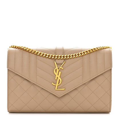 Saint Laurent Grain De Poudre Mixed Matelasse Triquilt Monogram Chain Wallet Dark Beige 1 of 9